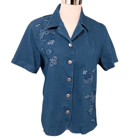 VINTAGE ALFRED DUNNER Stretch Denim Jean Top Shirt Blouse‎ 8 Floral Embroidery - Picture 2 of 9
